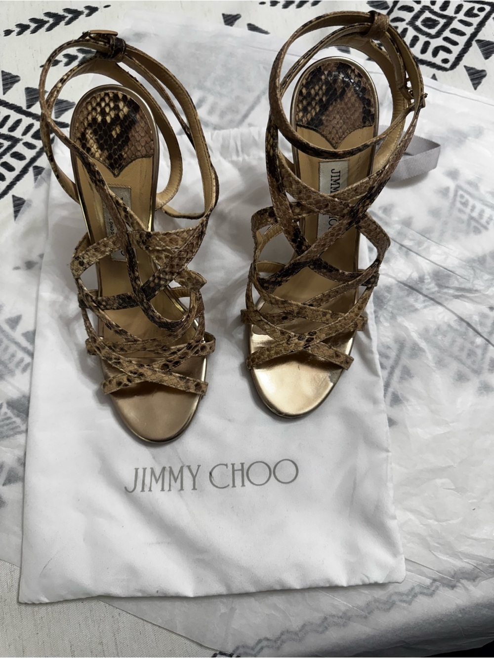 Jimmy Choo Gold and Brown Snake-Print Strappy High Heel Sandals